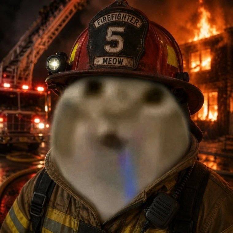 Firefighter drooling cat